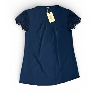 Blue Lace Cap Sleeve Blouse Small Boho V-Neck Lightweight Top NWT